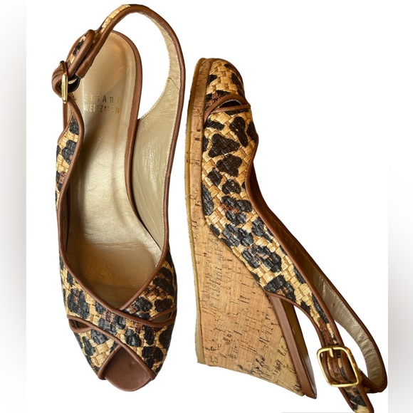 Stuart Weitzman Leopard Print Espadrille Wedges Open Toe 9.5 - Picture 1 of 7